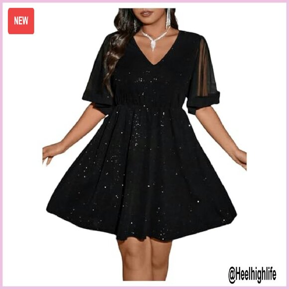 Plus Size Glitter Mesh Flared Hem A-Line Dress with V-Neck - Picture 5 of 7